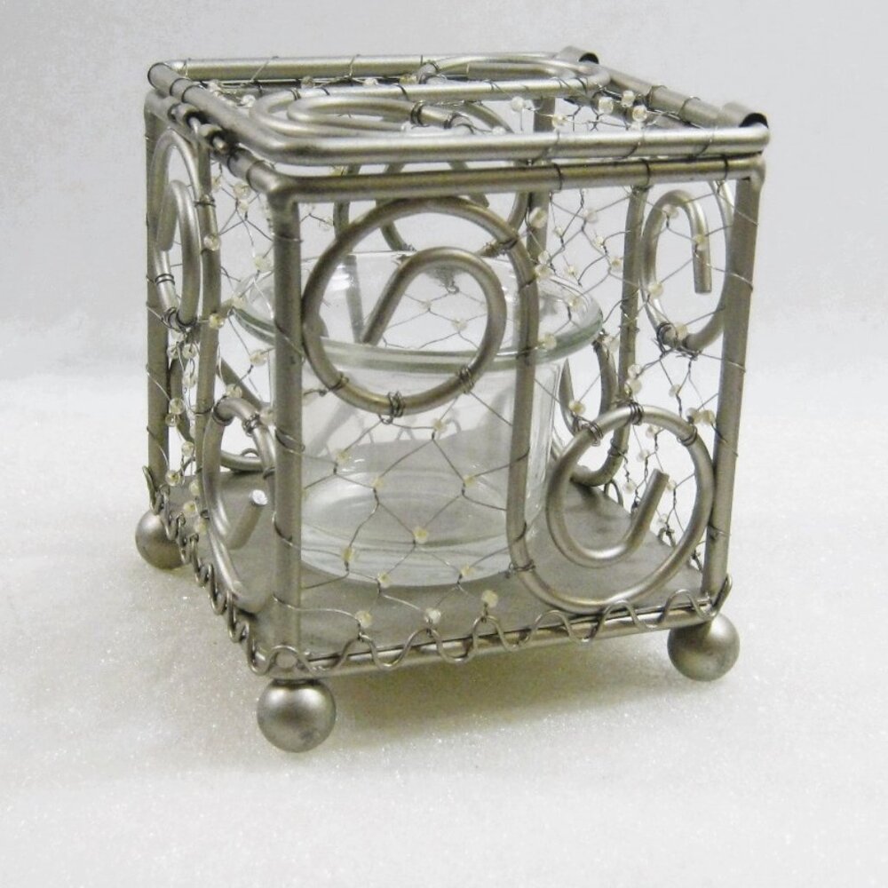 Beaded Wire Screened Container Votive Tealight Candleholder  w/ Hinged top